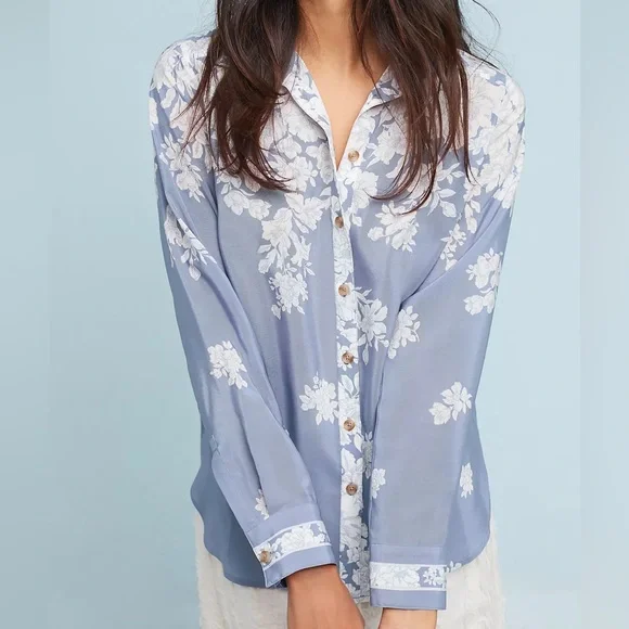 Anthropologie Maeve Blue White Rosalee 100% Silk Floral Blouse - Picture 11 of 11